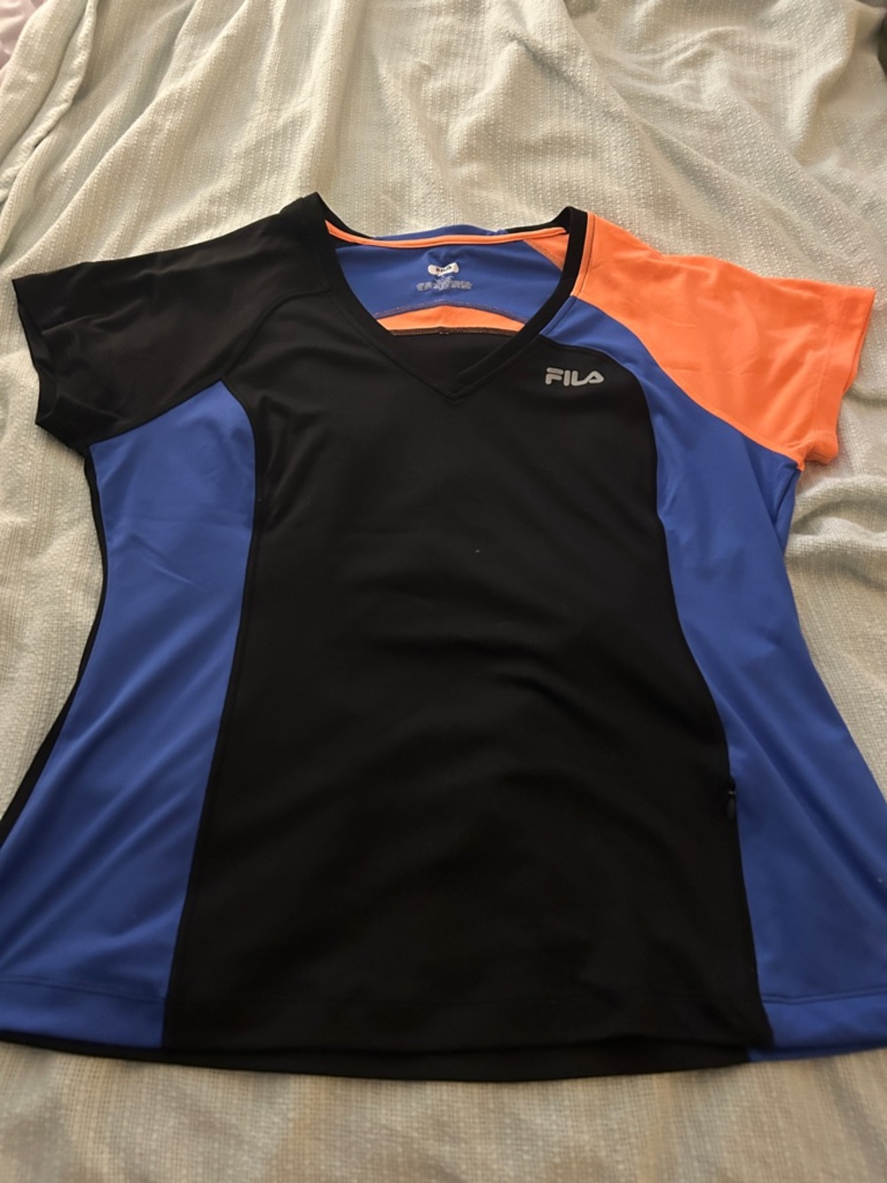 FILA Black Blue Orange Colorblock V-Neck Active Tee
